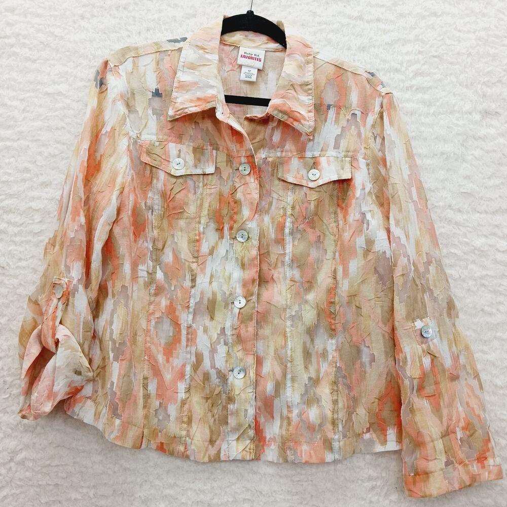 Blouse Button-Up Linen Peach MOP Whimsy Soft Girl Artsy Vacation Resort Size 12